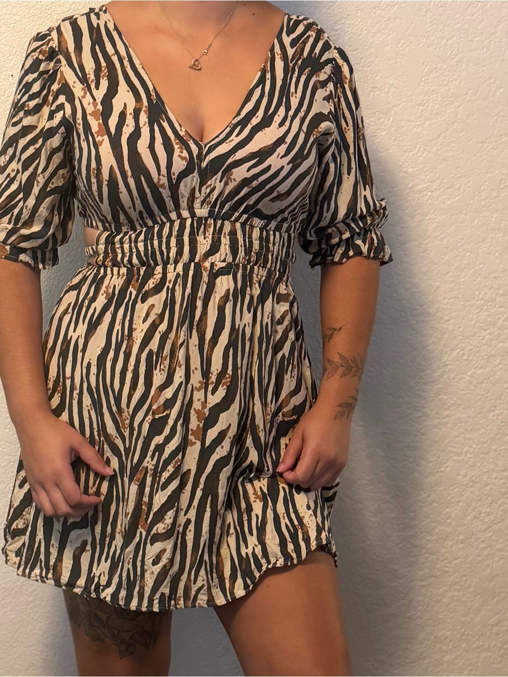 V-Neck Zebra Print Smocked Waist Mini Dress - Beige/Black